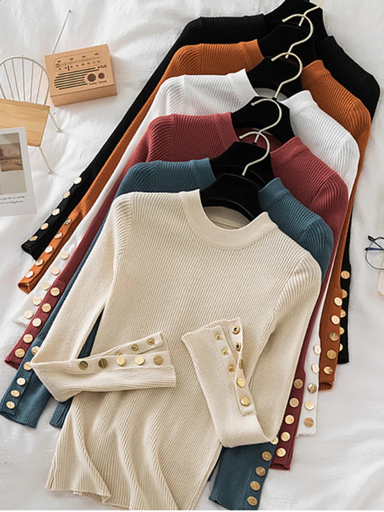 women thick sweater pullovers khaki casual autumn winter button o-neck chic sweater female slim knit top soft jumper tops 250114