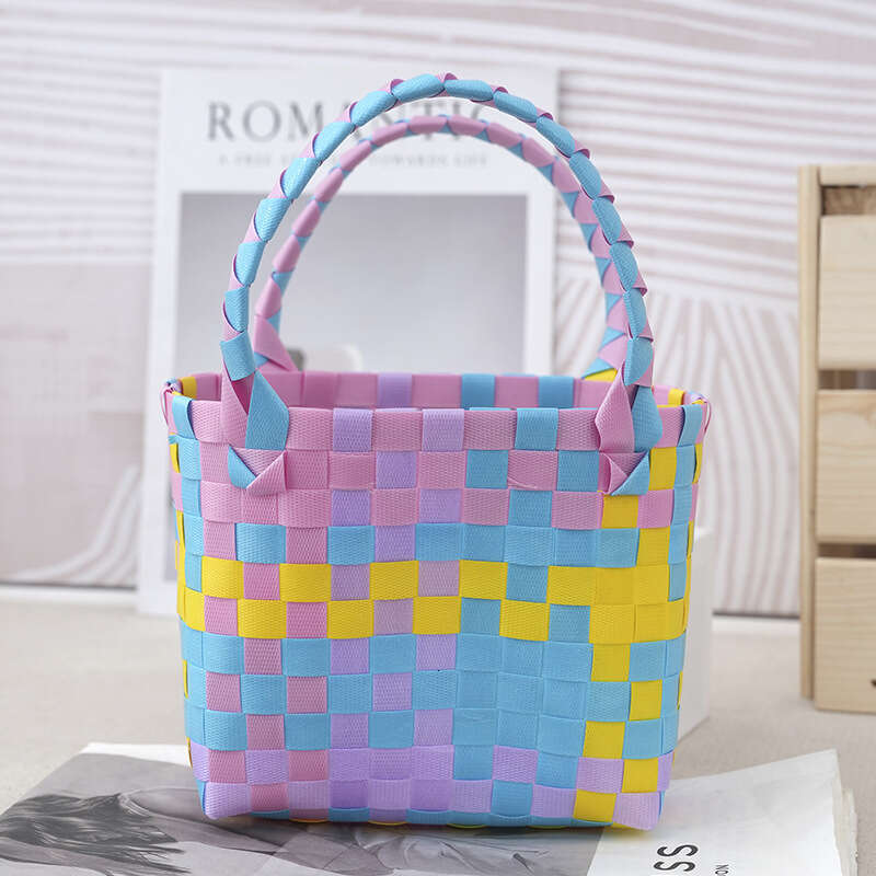 Colorful Mini Woven Vegetable Basket Bag, Carrying Basket, Children's Handbag, Contrasting Checkerboard Grid Beach Bags