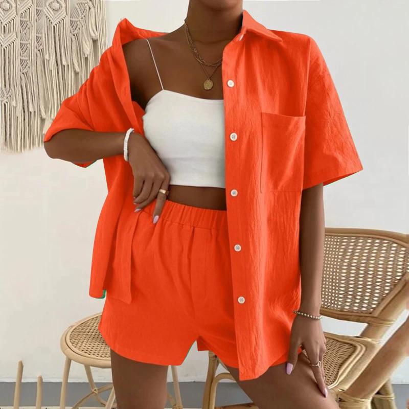 Womens Tracksuits Plus Size Vacation Beach Short Pant Suit Womens Casual Solid Color Summer Shorts And Shirt Top Two Piece Sets Outfits