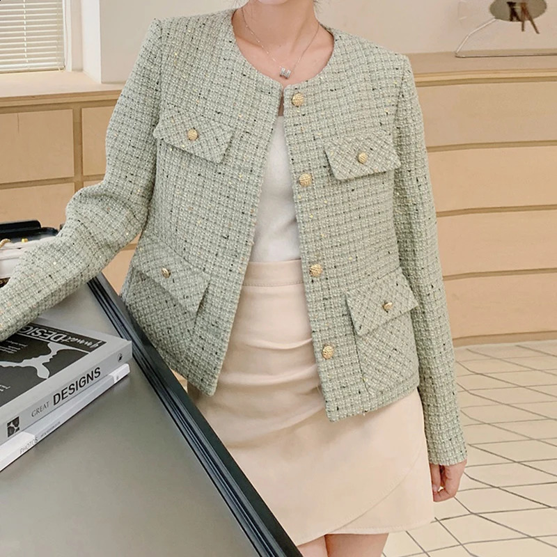 HELIAR Women Tweed Single Breasted Elegant Cardigan Coat Long Sleeve Plaid Pockets Office Jacket Warm Outerwear Autumn Winter 250109