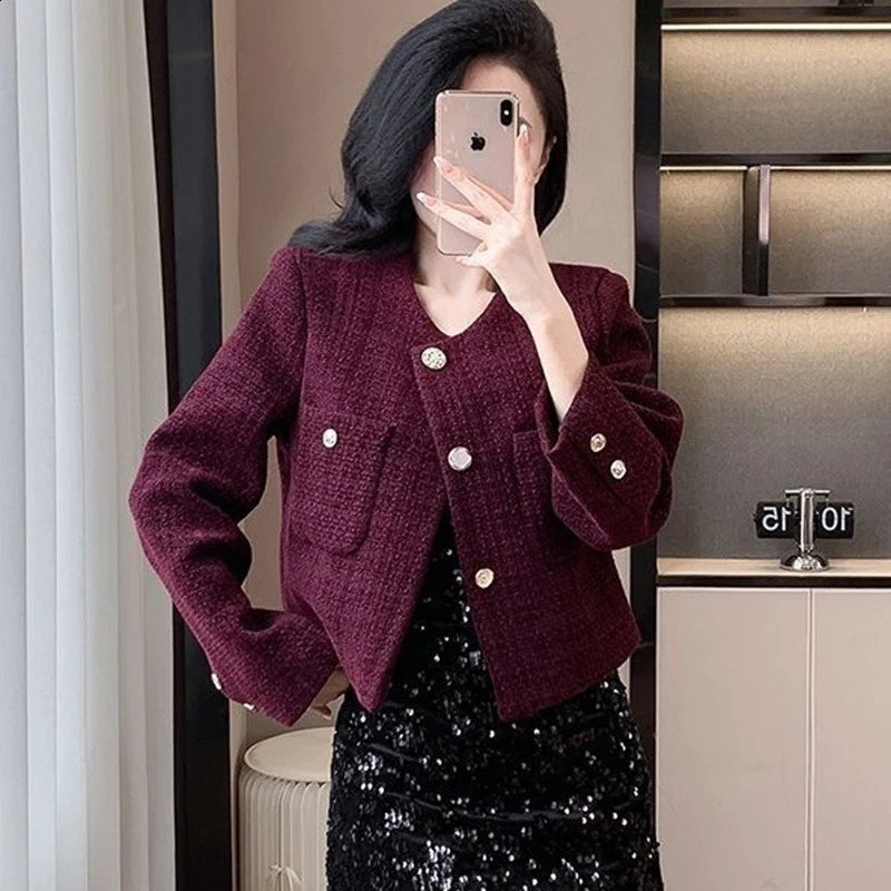 Autumn Winter Women Tweed Coat Korean Fashion Single Breasted Cropped Jacket Woman Elegant Loose Short Outerwear Clothes 250109