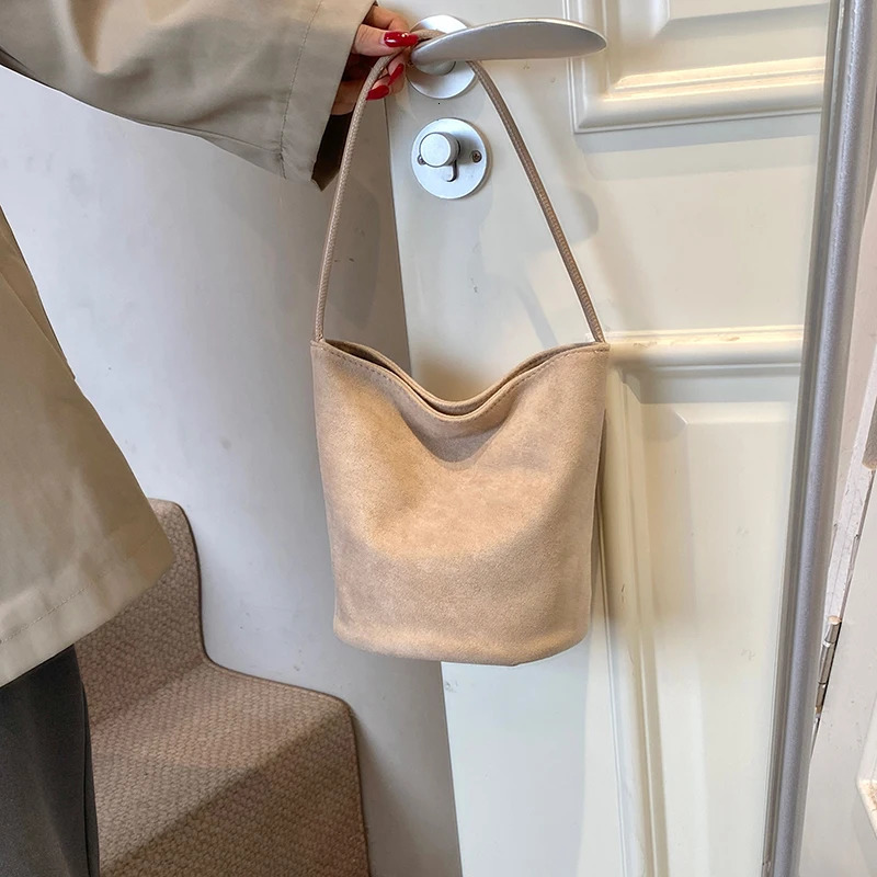 Women Suede Bucket Bag Faux Shoulder Large Capacity Womens Commuting Bags Retro Trendy Solid Color Tote Handbags 250114