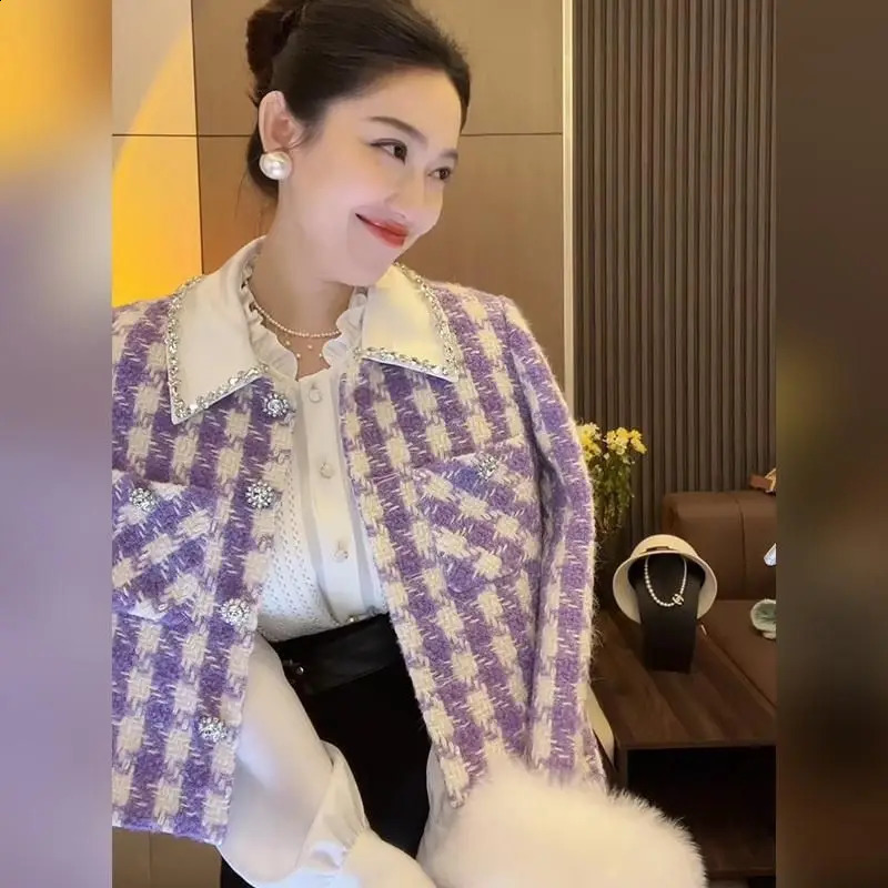 KUSAHIKI Autumn Tweed Women Jackets Fashion Purple Turn-down Collar Elegant Caridgan Coat Korean Chic Outwear Tops 250109