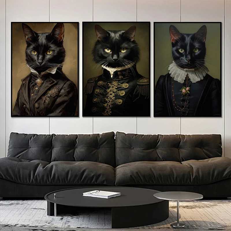 Vintage Renaissance Cat Portrait Black Cat Victorian Gothic Poster Canvas Painting Wall Art for Living With Frameless Decor Y250122