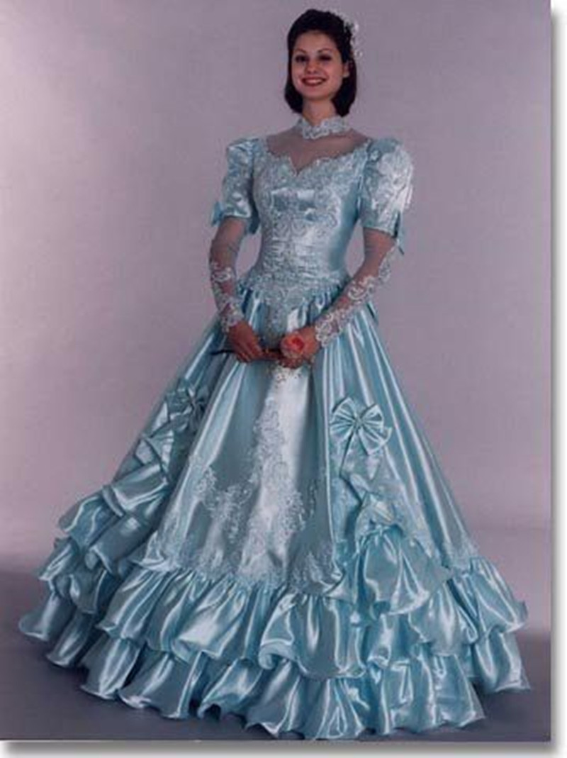 Vintage Blue Princess Wedding Dresses with Long Sleeve Customsized Ruched Applique Corset Lace-up Farm Bridal Gown Outdoor
