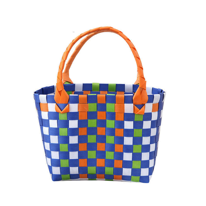 Colorful Mini Woven Vegetable Basket Bag, Carrying Basket, Children's Handbag, Contrasting Checkerboard Grid Beach Bags