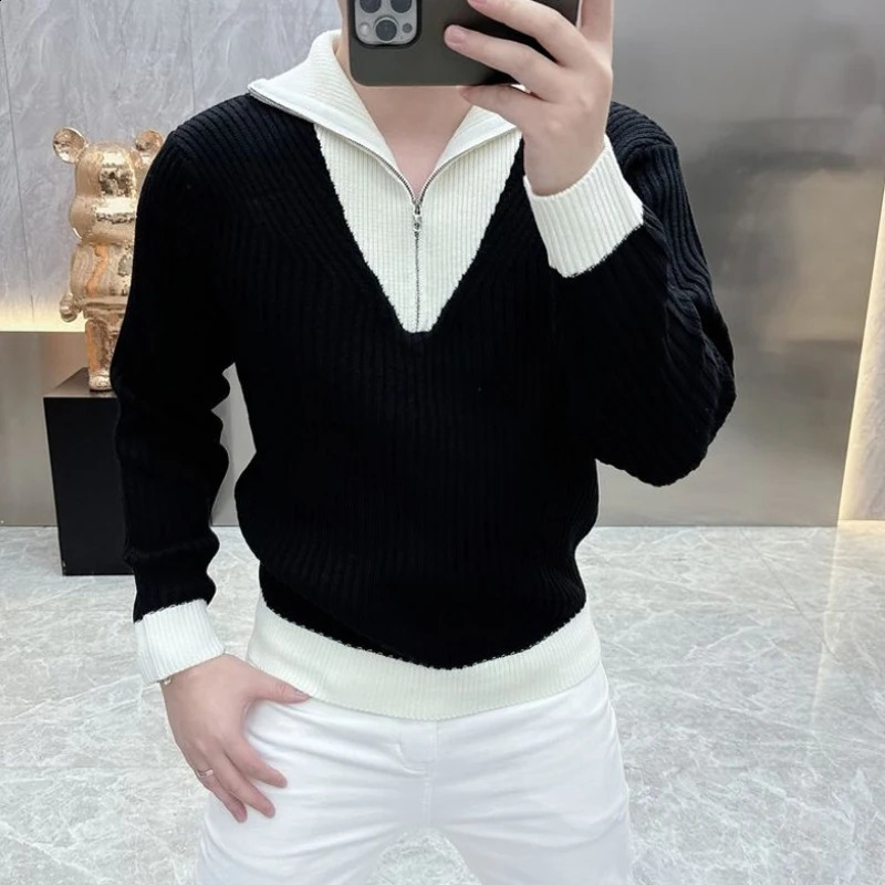Men Korean Fashion Black White Contrast Color Business Casual Knitted Sweater Half Zipper Polo Collar Long Sleeve Slim Pullovers 250113