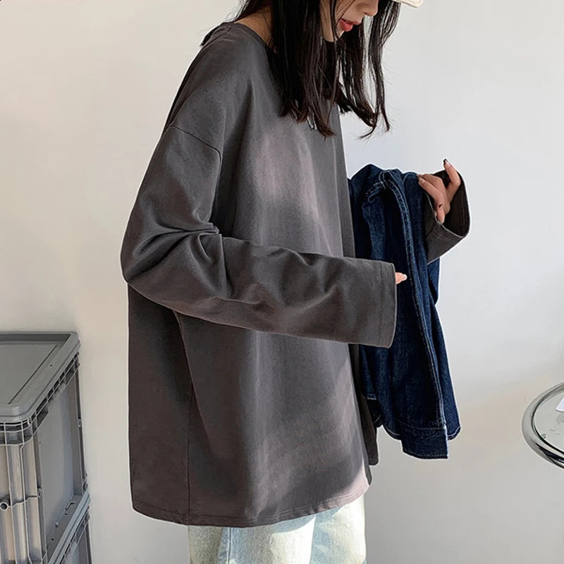 Women Long Sleeve Cotton O-Neck T-ShirtCasual Loose Tops Solid Color Pullover Tee Shirts 250121