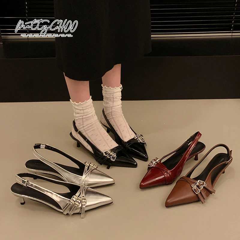 Design Shoes Wan Wine Red Narrow Band Buckle Strap Slingback Sandals Ladies Pointed hot Toe Kitten Heel ning Pary Dress Pumps Z250122