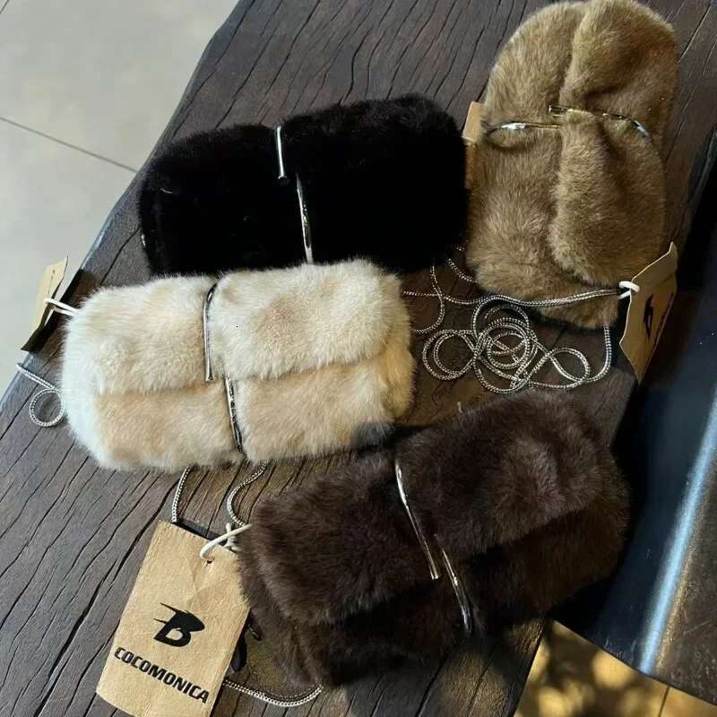 Fluffy Clutch Women Handbag Chain Shoulder Crossbody Paper Clip Bag Winter Wallet