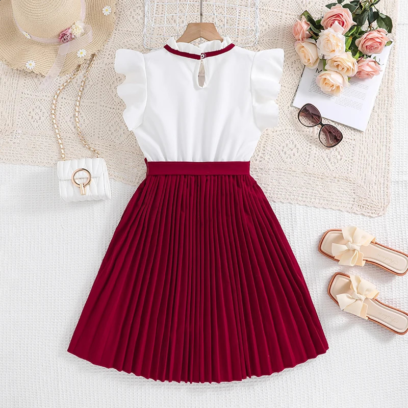 Kids Dress For Girls White Petal Sleeves Pleated Khaki Skirt Bow tie Preppy Style Elegant Birthday Party Clothes For 8-12 Years 250304