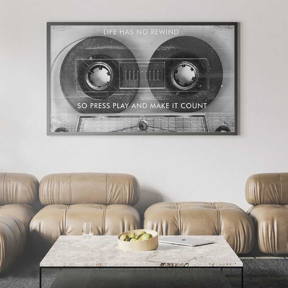 Life Has No Rewind Cassette Black and White Posters Print Motivational Quote Canvas Painting Success Quote Home DecorativeC250122