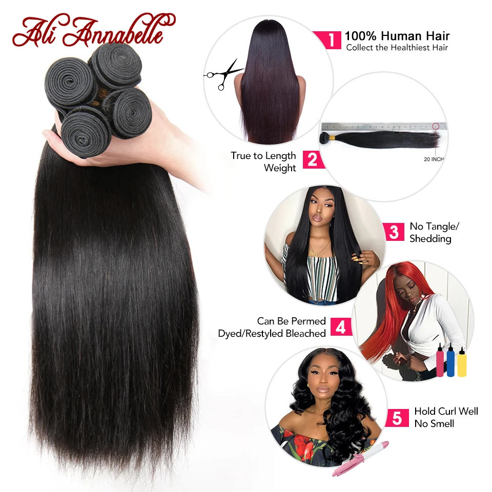 ALI ANNABELLE Straight Hair Bundles Human Hair Bundles 30 28 26 Inch 1 3 4 Bundles Deals Natural Brazilian Hair Weave Bundles 250121