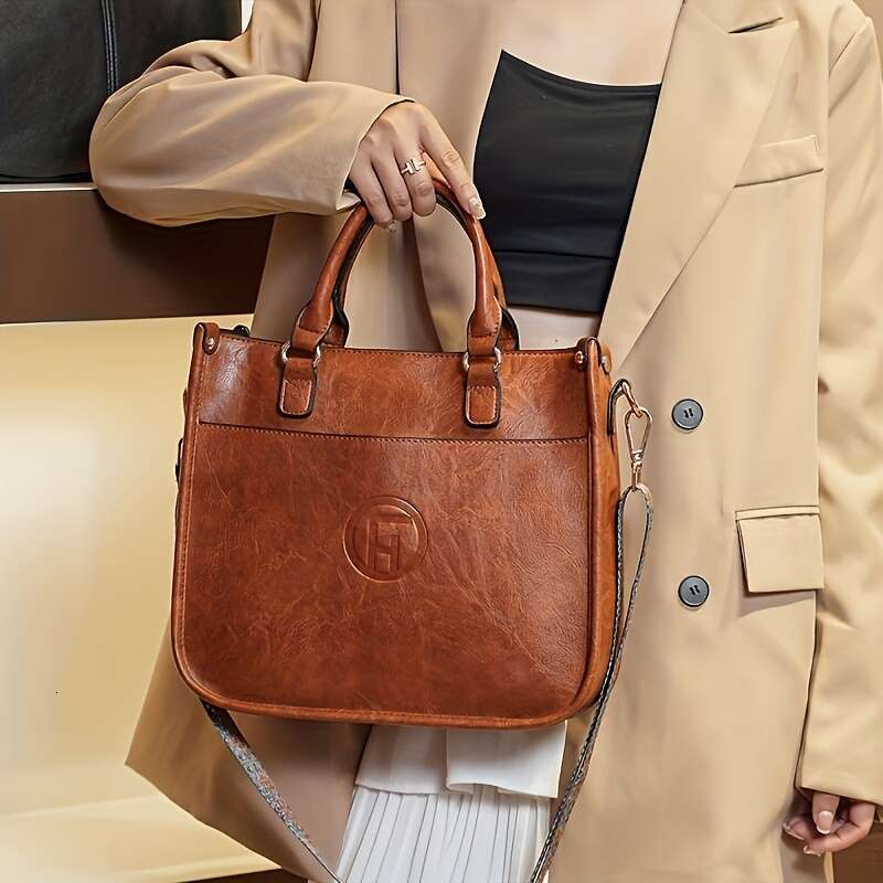 Solid color handbag, fashionable PU leather bag, Bohemian wide shoulder strap women's crossbody bag