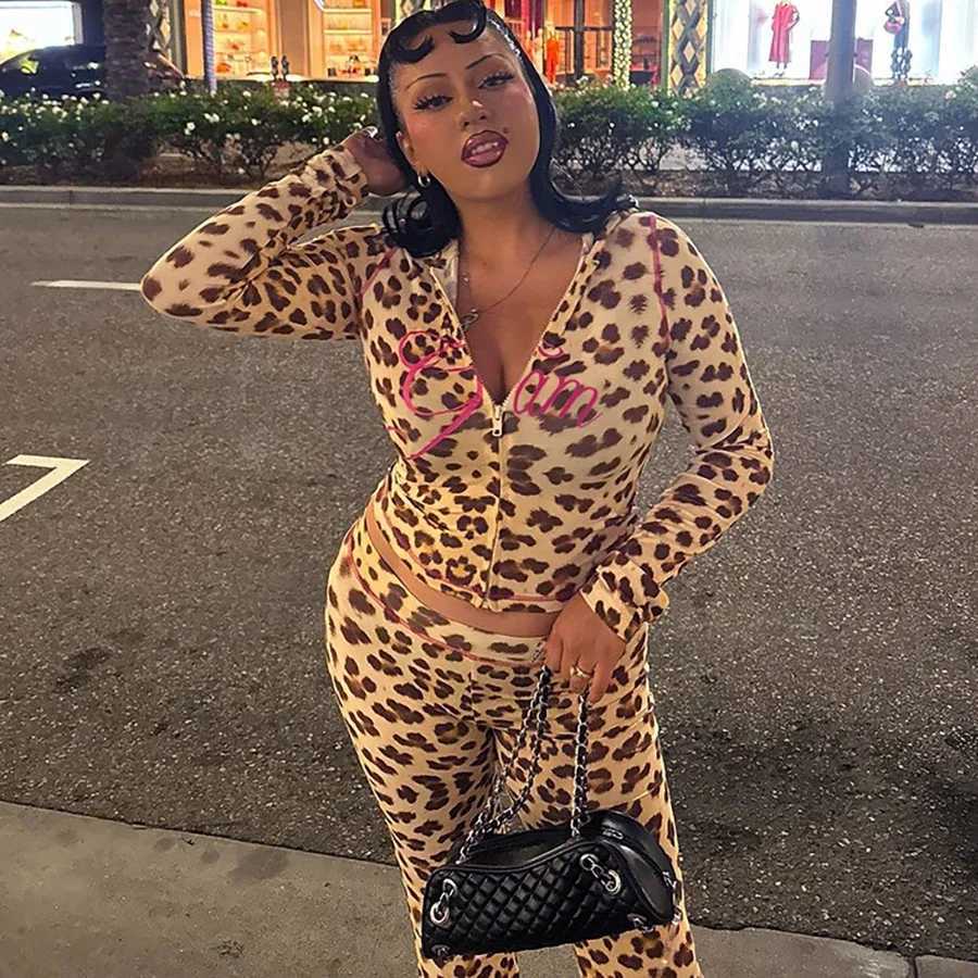 Women's Two Piece Pants Leopard Print Womens Set Lounge Wear 2 Piece Flare Pant Set H25121
