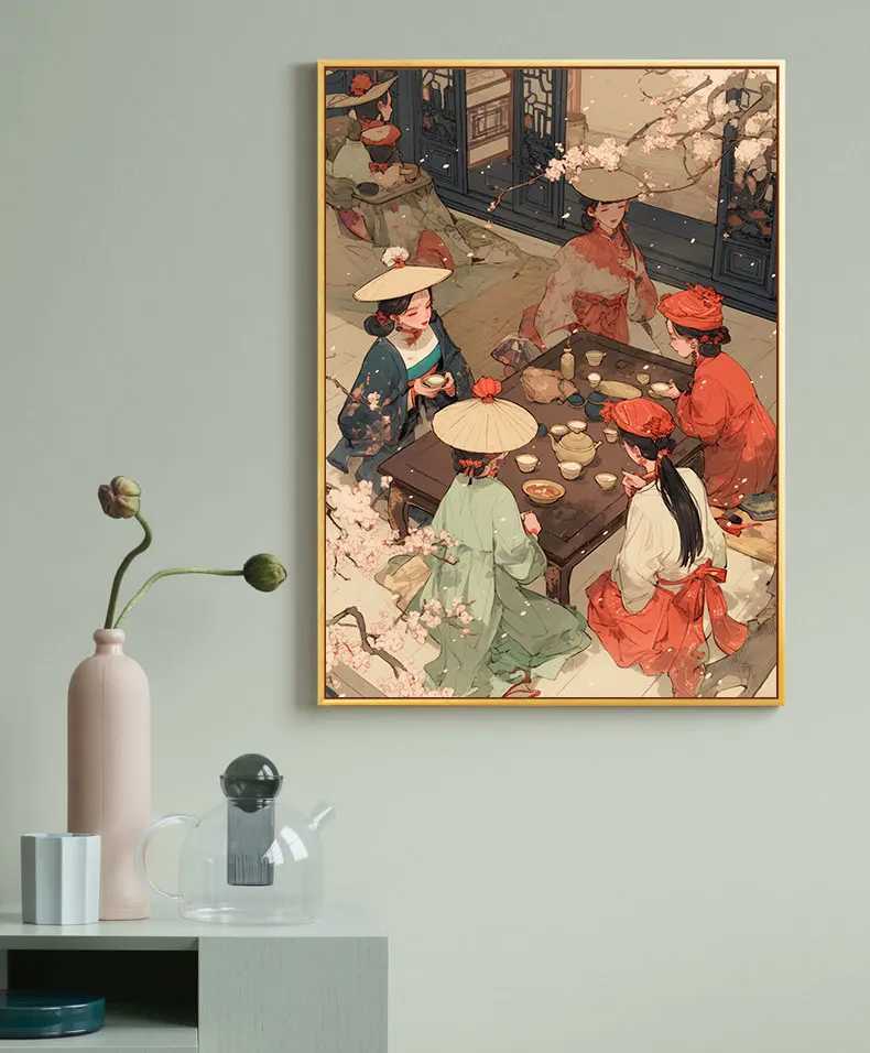 Chinese Style Illustration Lady Chat Whispering In Her Boudoir Posters Canvas Painting Wall Art Picture Ro He Decor Gifts Y250122