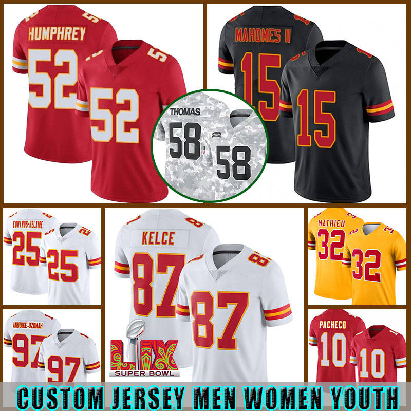 87 Travis Kelce 15 Patrick Mahomes Football Jerseys 32 Nick Bolton Chiefss Isiah Pacheco Chris Jones Felix Anudike-Uzomah Rashee Rice Trent McDuffie Derrick Thomas