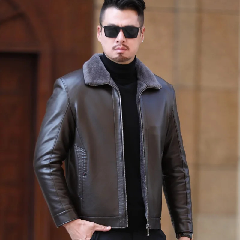 YX-222 Leather Jacket Mens Fur One Casual Thickened Plus Cashmere Sheep Leather Jacket Short Coat 250114