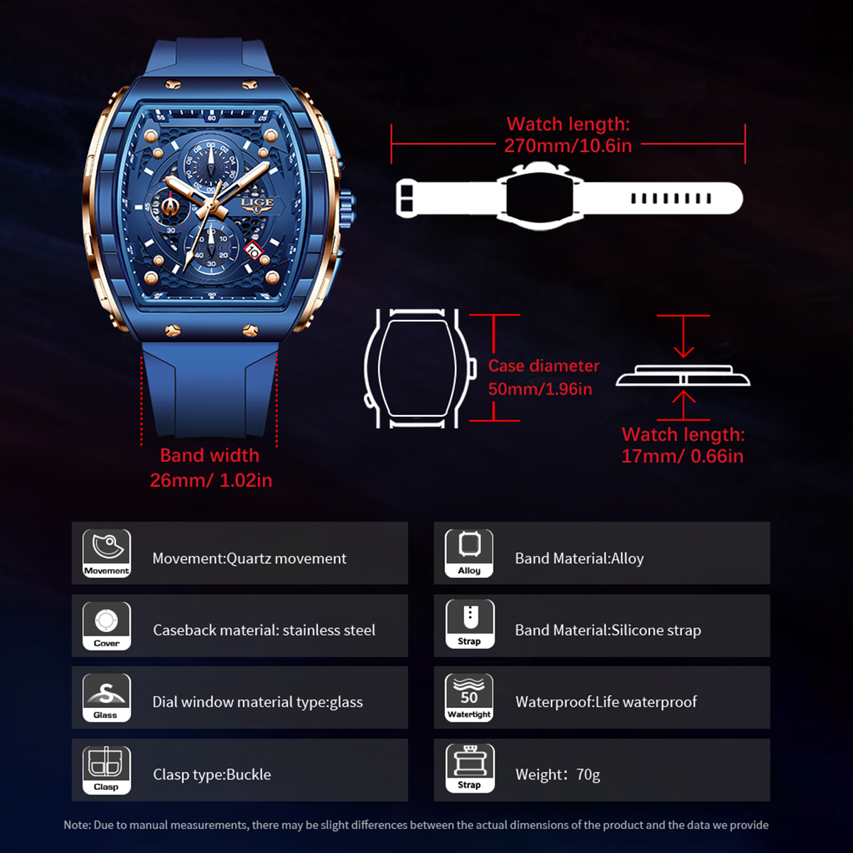 LIGE Top Brand Luxury Square Quartz Watches for Men Fashion Casual Sport 50M Waterproof Man Watch Auto Date Military Chronograph Local warehouse