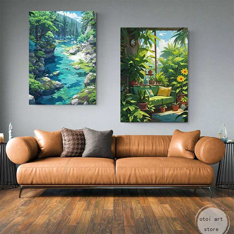Anime Manga Style Scenery Dock River Flower Window Landscape Art Poster Canvas Painting Wall Prints Picture for Ro He Decor Y250122
