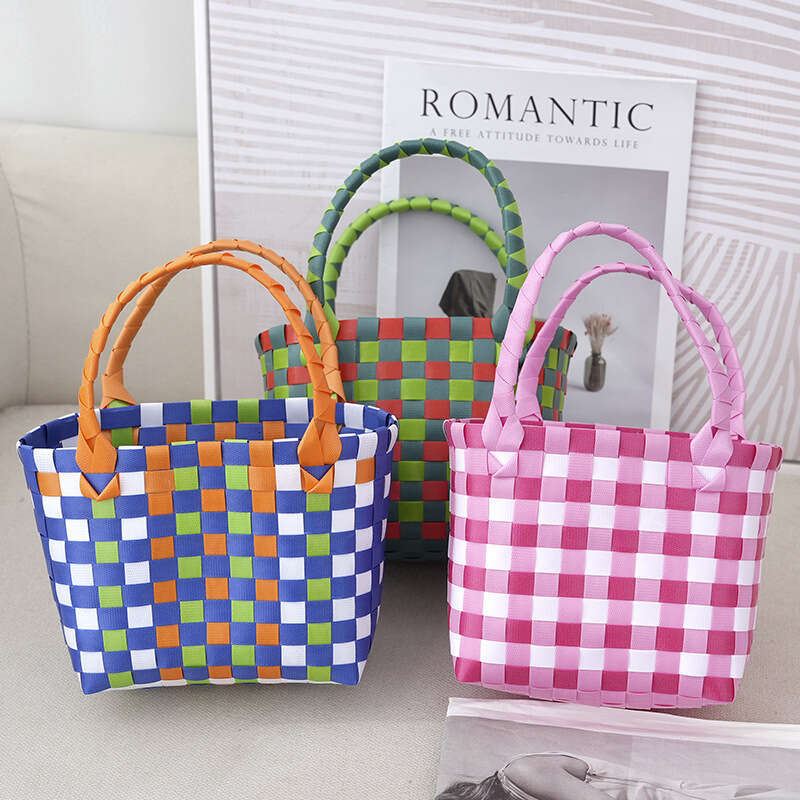 Colorful Mini Woven Vegetable Basket Bag, Carrying Basket, Children's Handbag, Contrasting Checkerboard Grid Beach Bags