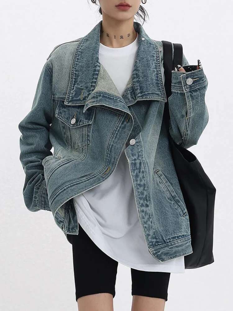 SHENGPALAE Fashion Women's Denim Coat Turtleneck Single Breasted Full Sleeve Patchwork Versatile Jacke Autumn 2023 New 5R4436