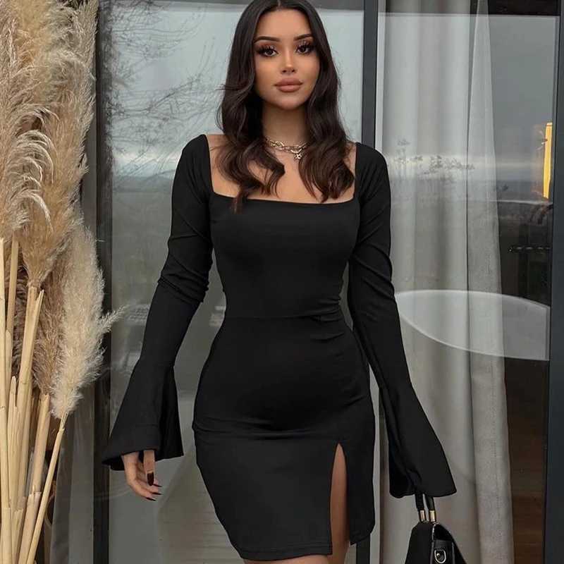 Basic Casual Dresses Lygens Square Collar Long Slve Ruffles Bodycon Slit Mini Dresses Elegant Y2K Wholesale Fashion New Ladies Casual Clothing H25217