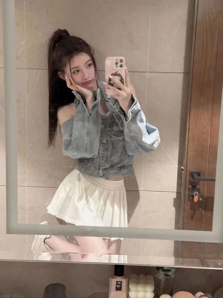 Halter Y2k Crop Jackets for Women Vintage Long Sleeve Slash Neck Denim Coat Top Womens Clothing All Match Fashion Casual Outwear 250118