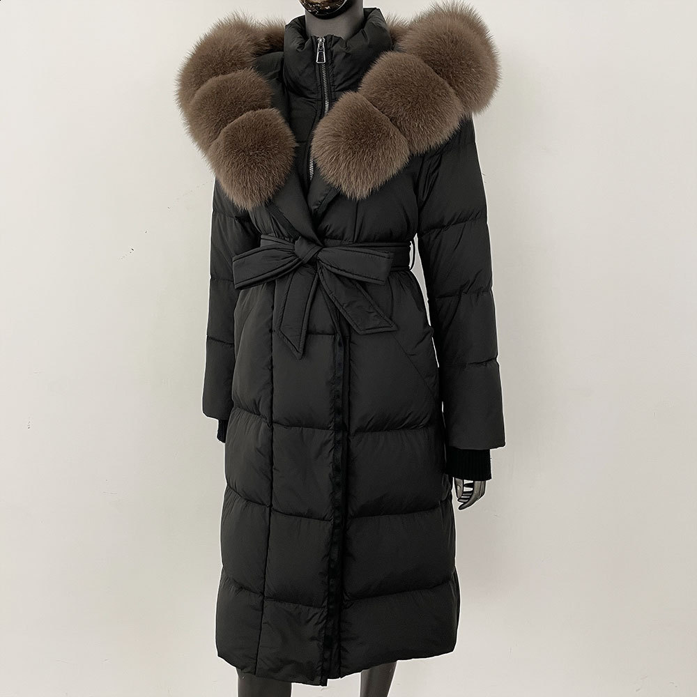 Fox fur big fur collar down jacket extended hooded winter style slimming waist cinched knee high thick womens jacket 211207