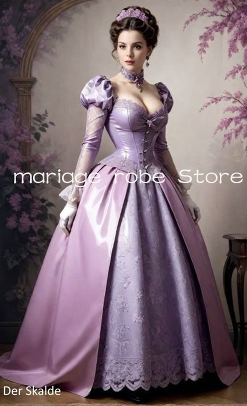 Pink Lilac Victorian Princess Prom Dresses Customsized Long sleeve ruched shiny corset costume rococo evening gown lolita