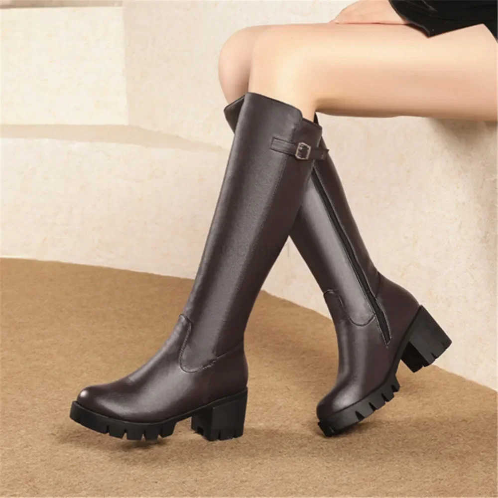 Casual Wen Platform Snow Boots Buckle Wen Knee High Boots Warm Fur Winter Riding Boot Fem Black Brown Shoes Large Size 45 Z250122
