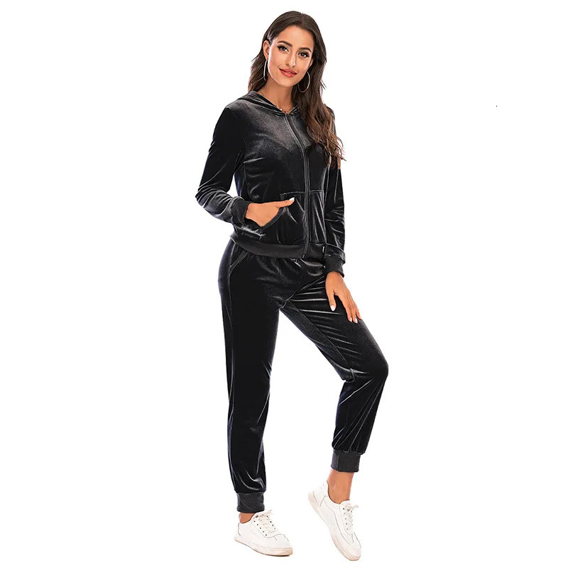 Velour Tracksuit Womens 2 Piece Sweatshirt Sweatpants Set Full Zip Hoodie Sweatsuit with Pockets Casual Sportswear Autumn 250108
