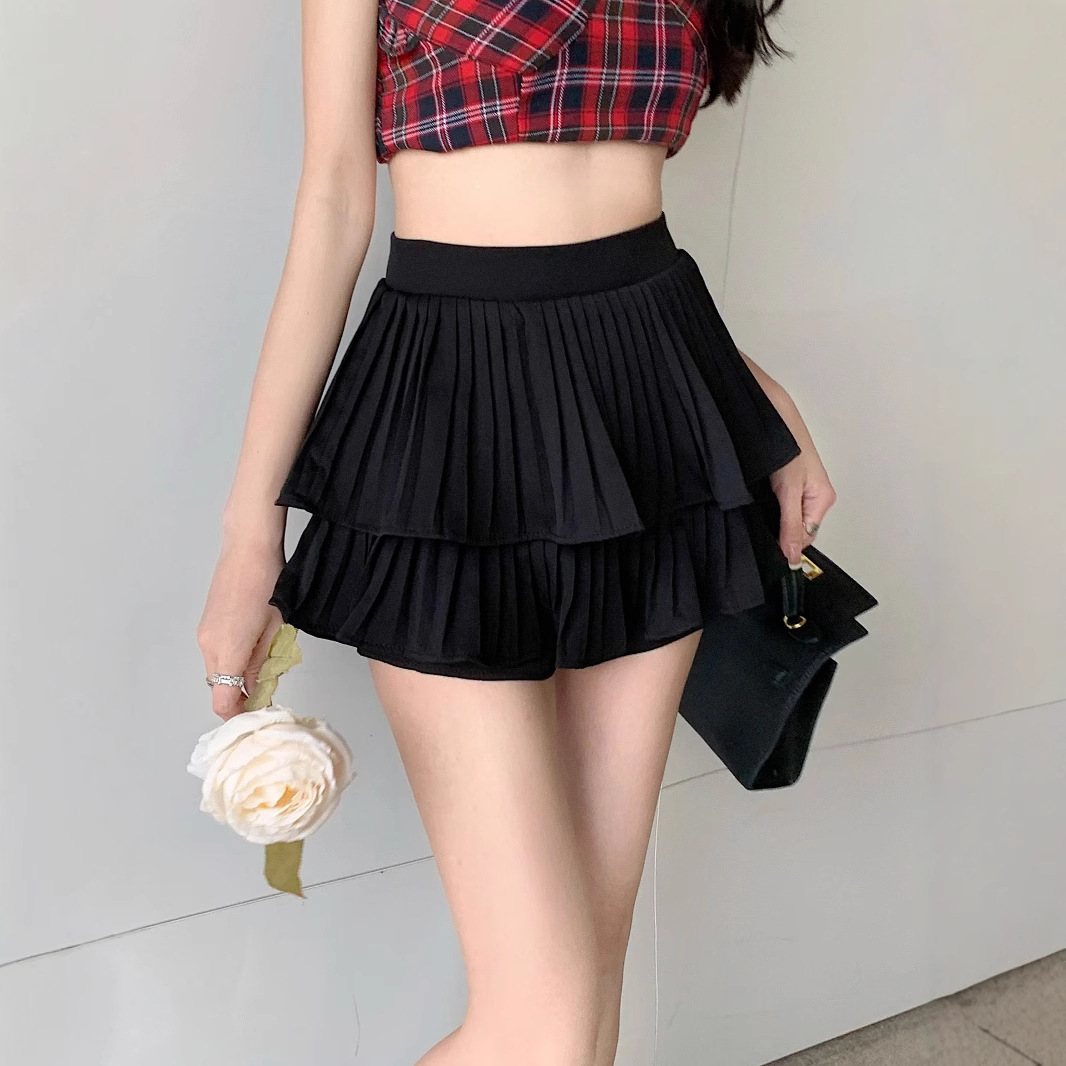 LW155 Cake Skirt Girls Summer White High Waist Slimming A-line Anti-Exposure Double-layer Pleated Short Skirt