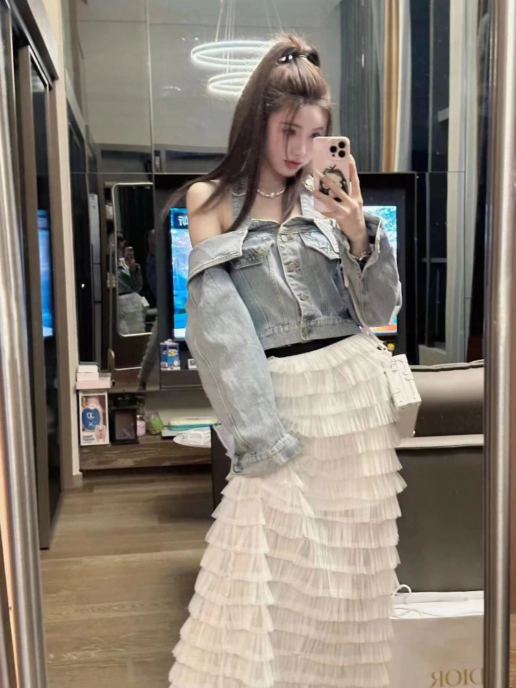 Halter Y2k Crop Jackets for Women Vintage Long Sleeve Slash Neck Denim Coat Top Womens Clothing All Match Fashion Casual Outwear 250118