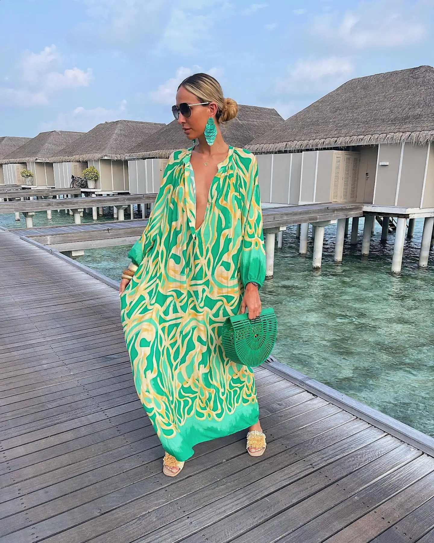 Elegant Womens Maxi Dresses Summer Casual Fashion Retro Print V Neck Loose Boho Long Vacation Beach Dress Female Robes 250121