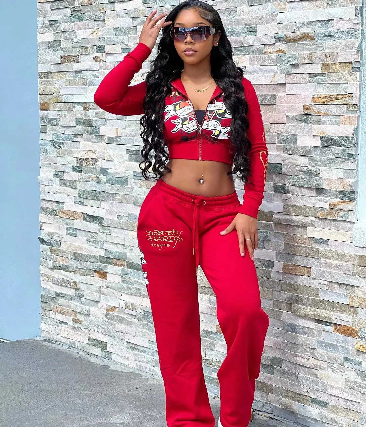 Women's Two Piece Pants Trendy Strt Skull Love Print Basic Zipper Short Cardigan High Waist Straight Trousers Two-piece Set for Women Suit Women 
