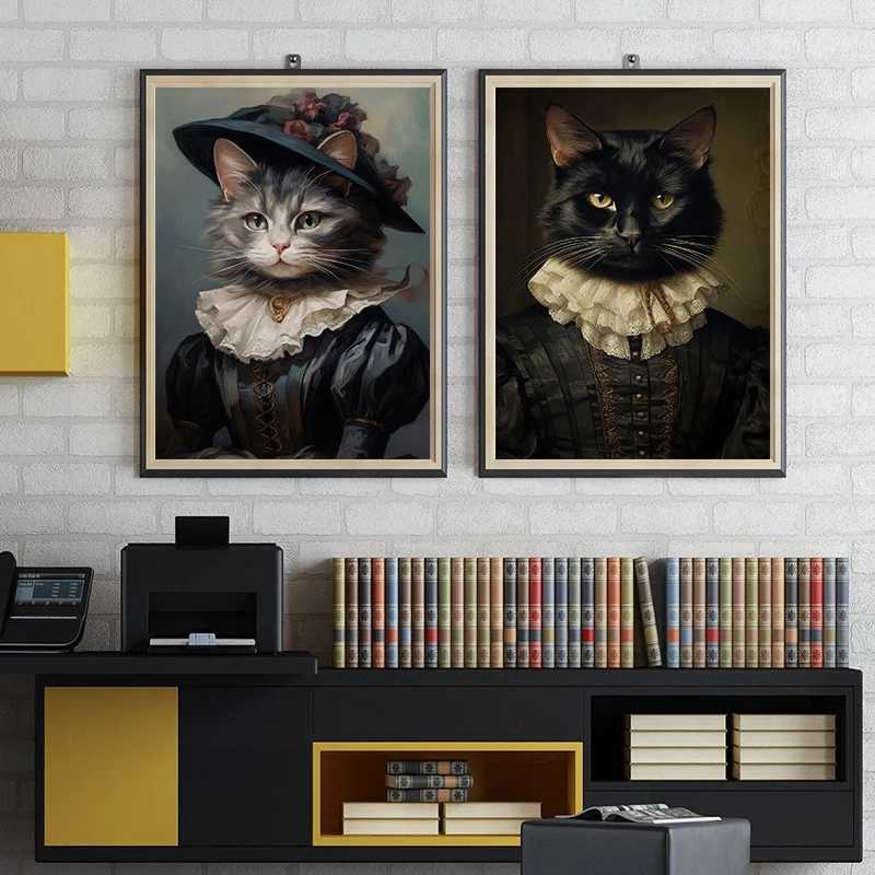 Vintage Renaissance Cat Portrait Black Cat Victorian Gothic Poster Canvas Painting Wall Art for Living With Frameless Decor Y250122
