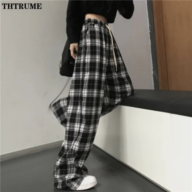 Fashion Oversized Drawstring Baggy Pants Women Black Plaid High Waist Unisex Hip Hop Pant Casual Loose Sweatpants Chic Trousers 250122