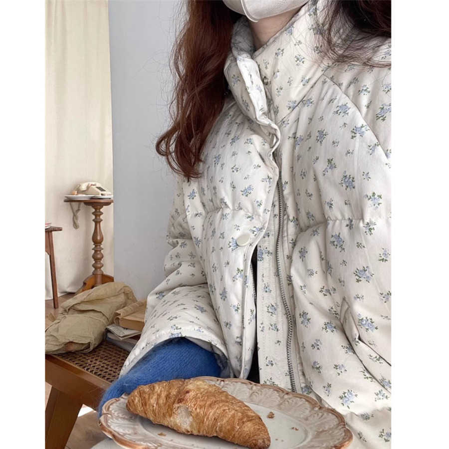 Korean Version of Fresh Floral Standing Collar Cotton Jacket for Womens Winter New Design Loose and Thick Student Cotton Jacket Short Jacket Women Coa