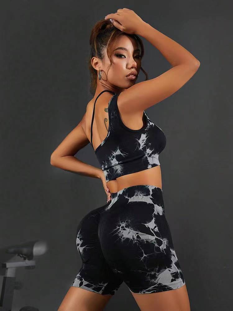 Advanced women's fashionable tie dye seamless tight fitting clothing gathering bra hip lifting yoga shorts sports and fitness clothing yoga set