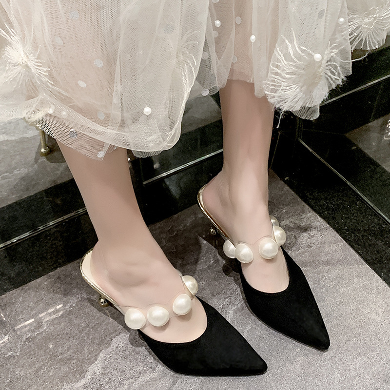 Women Slippers Pointed Toe Fashion Pearl Design Sense Versatile Triple Black Beige Free shipping