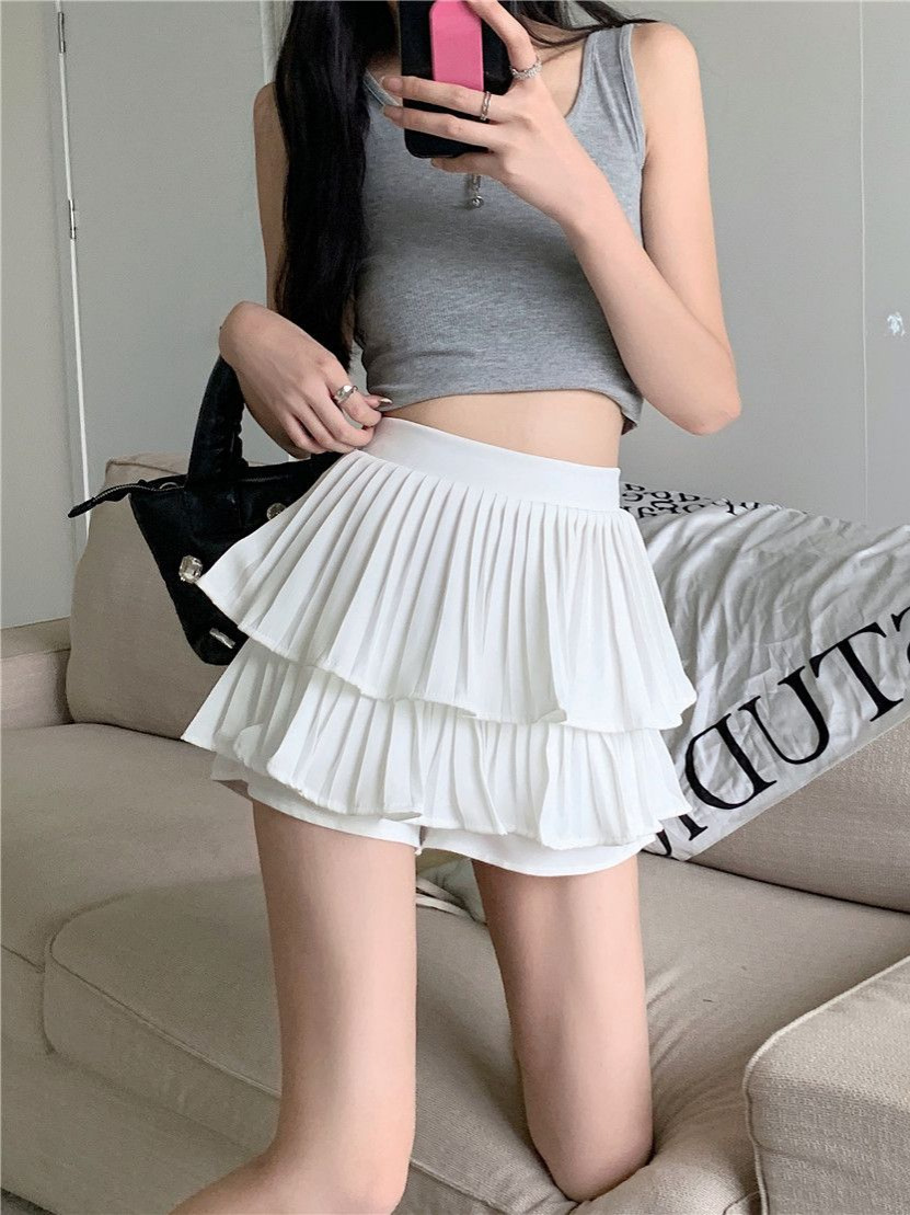 LW155 Cake Skirt Girls Summer White High Waist Slimming A-line Anti-Exposure Double-layer Pleated Short Skirt