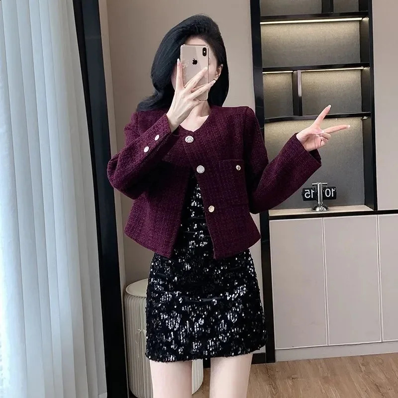 Autumn Winter Women Tweed Coat Korean Fashion Single Breasted Cropped Jacket Woman Elegant Loose Short Outerwear Clothes 250109