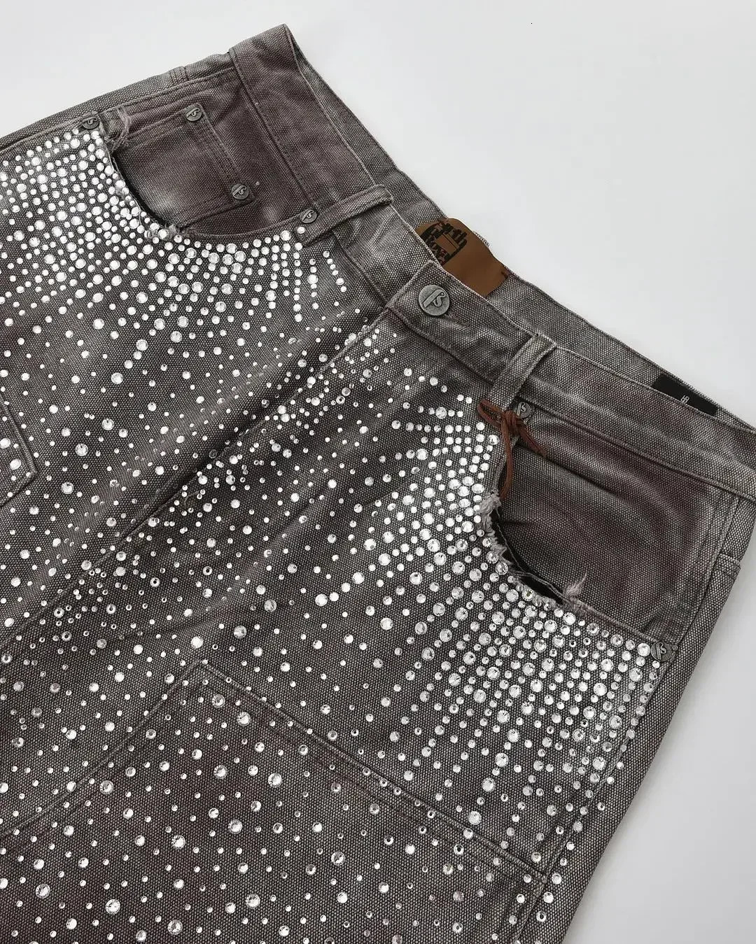 Gothic trend rhinestone pocket exquisite denim shorts mens y2k hiphop n personality style daily couple wideleg pants 250121