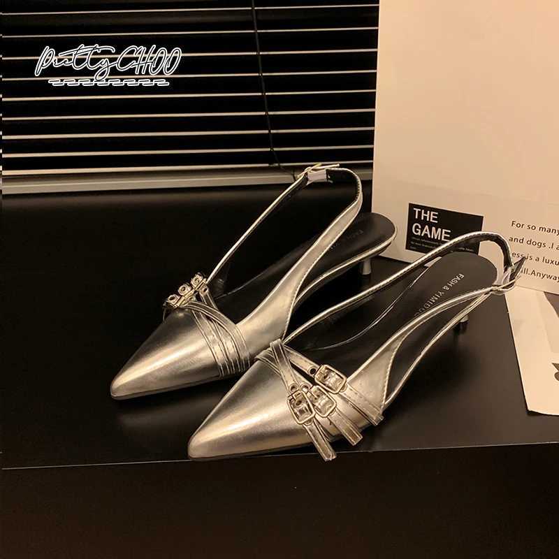 Design Shoes Wan Wine Red Narrow Band Buckle Strap Slingback Sandals Ladies Pointed hot Toe Kitten Heel ning Pary Dress Pumps Z250122