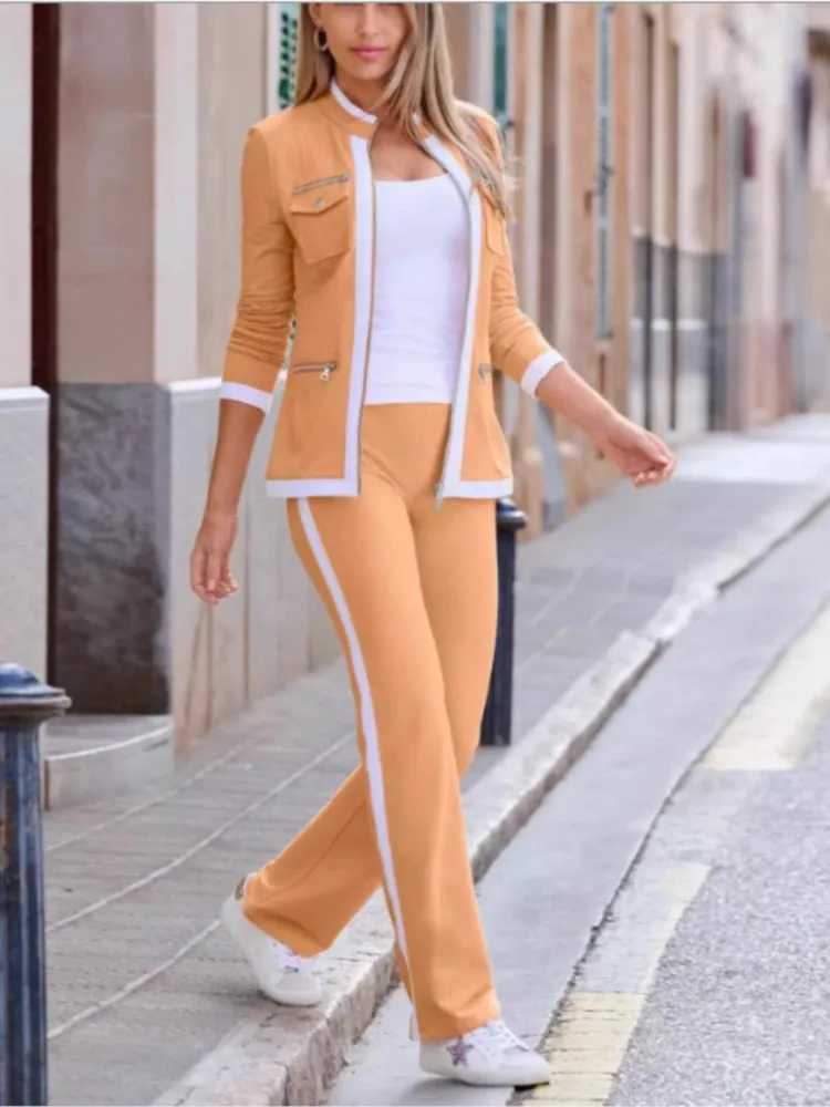 Women's Two Piece Pants Autumn and winter new solid color casual two-piece elegant womens ultra-thin simple zipper top straight sports pants set 