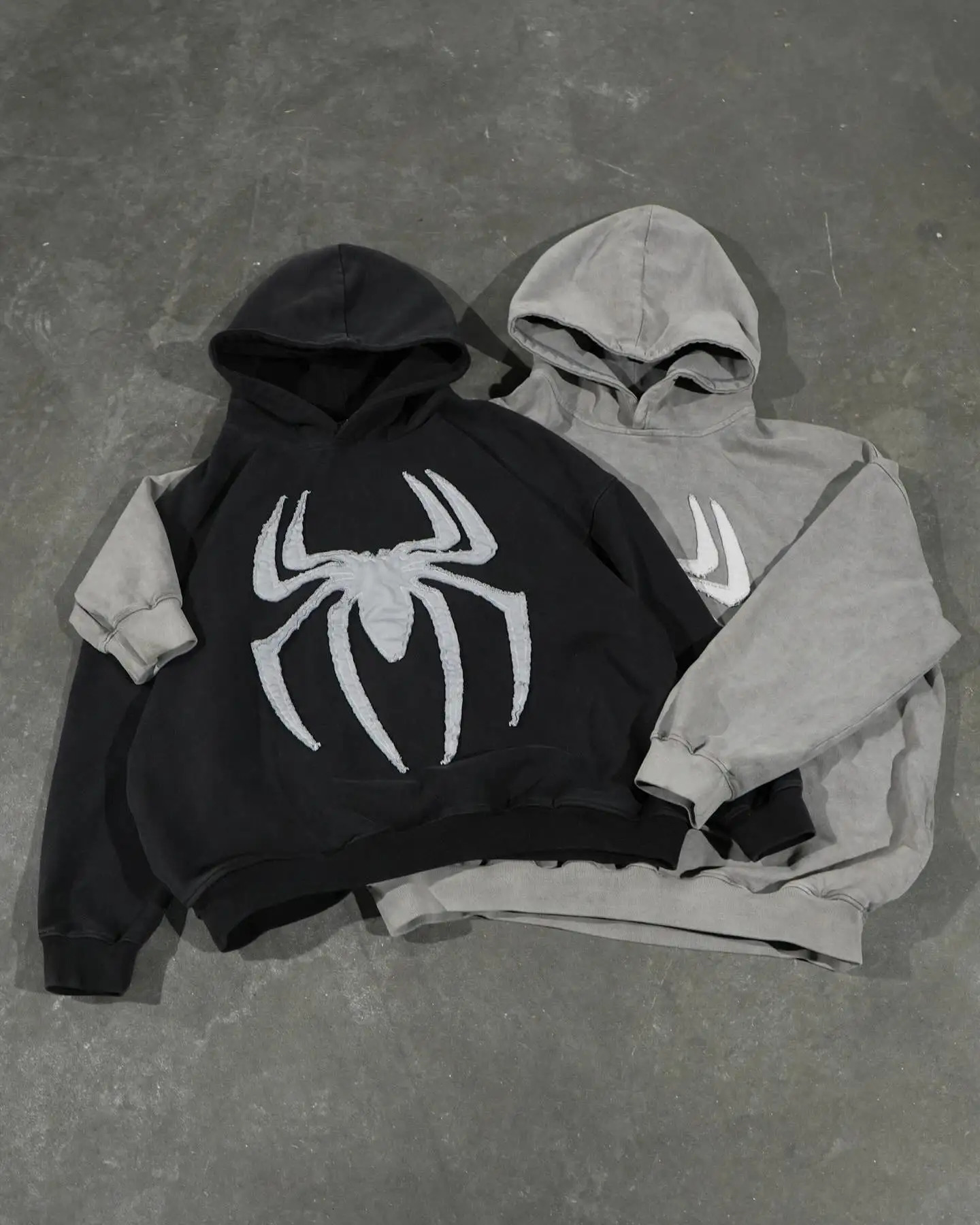 Grey Black Gothic Big Spider Pattern Patchwork Hooded Pullover Y2k Retro Loose Men Women Hip Hop Hoodie Jacket Street Sweatshirt 250110