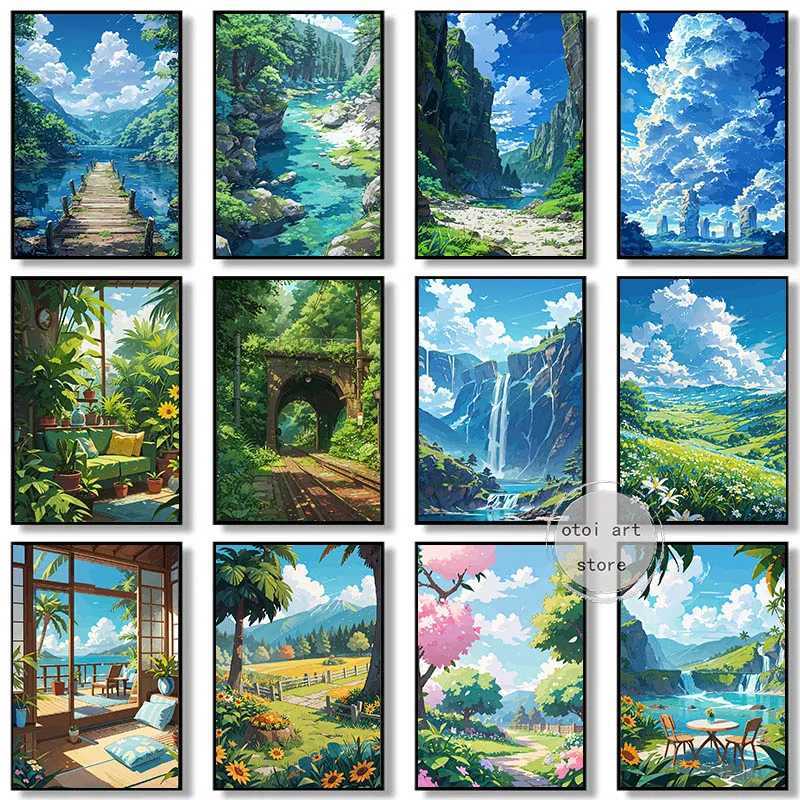 Anime Manga Style Scenery Dock River Flower Window Landscape Art Poster Canvas Painting Wall Prints Picture for Ro He Decor Y250122