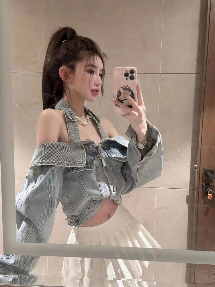 Halter Y2k Crop Jackets for Women Vintage Long Sleeve Slash Neck Denim Coat Top Womens Clothing All Match Fashion Casual Outwear 250118