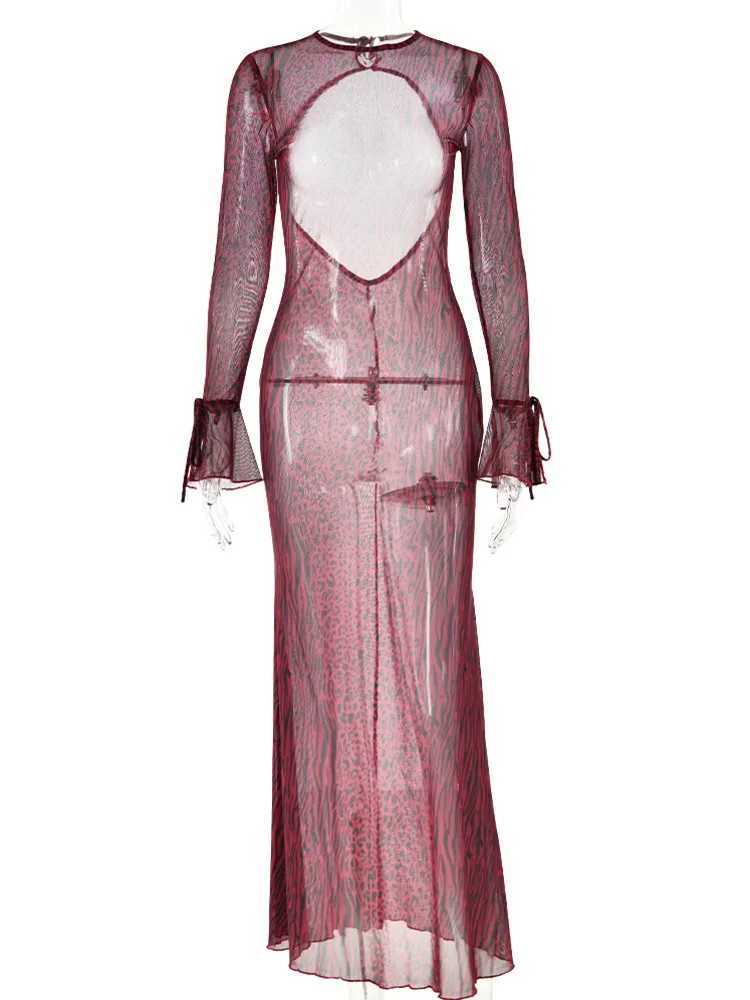 Basic Casual Dresses Articat Fashion Long Slved Hollow Out Open Back Mesh Dress For Women Print Elegant Female New Slim Party Evening Dress 2024 H2512